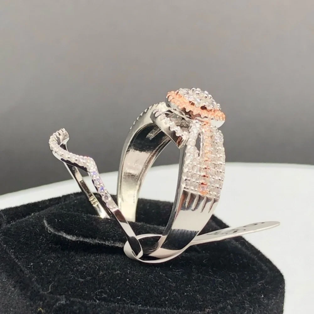 925 Sterling Silver Diamond Wedding Engagement Bridal 2 Band‎ Ring Set Sz 9